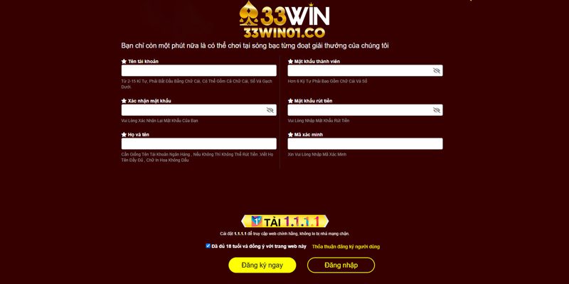 33WIN Form biểu mẫu đăng ký và đăng nhập tài khoản 33WIN
